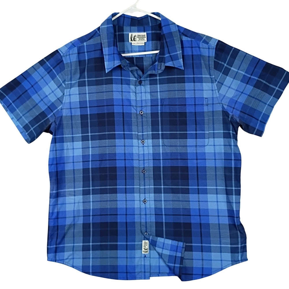 Marmot Mountain Plaid Outdoor Shirt Mens XL Blue Short Sleeve Hiking Summer